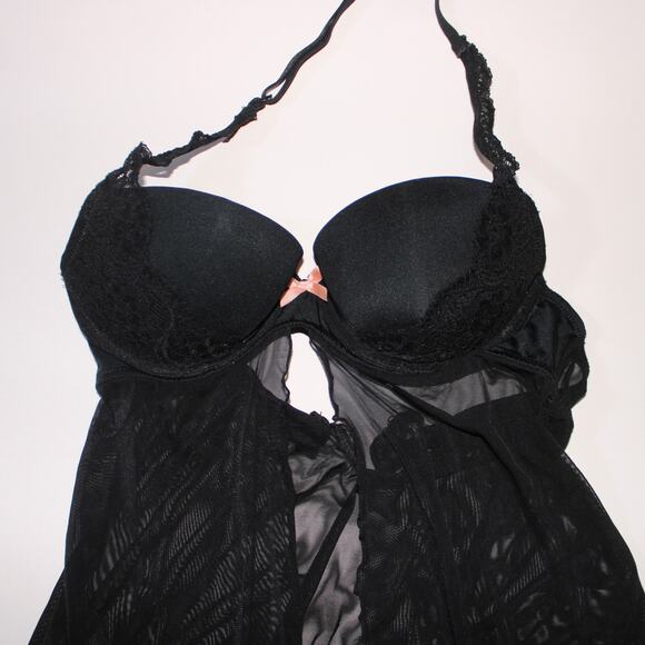 Gilligan & O'malley Black Pushup Semi Sheer Top With Lace And Open Front - Picture 2 of 5